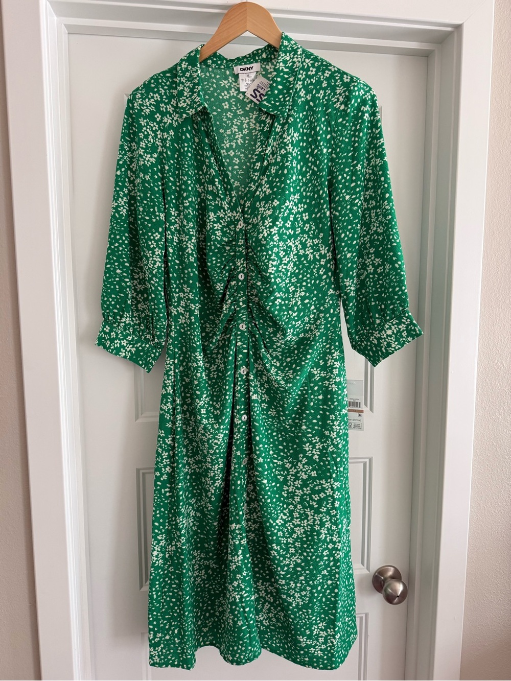 DKNY Green and White Floral Midi Shirt Dress